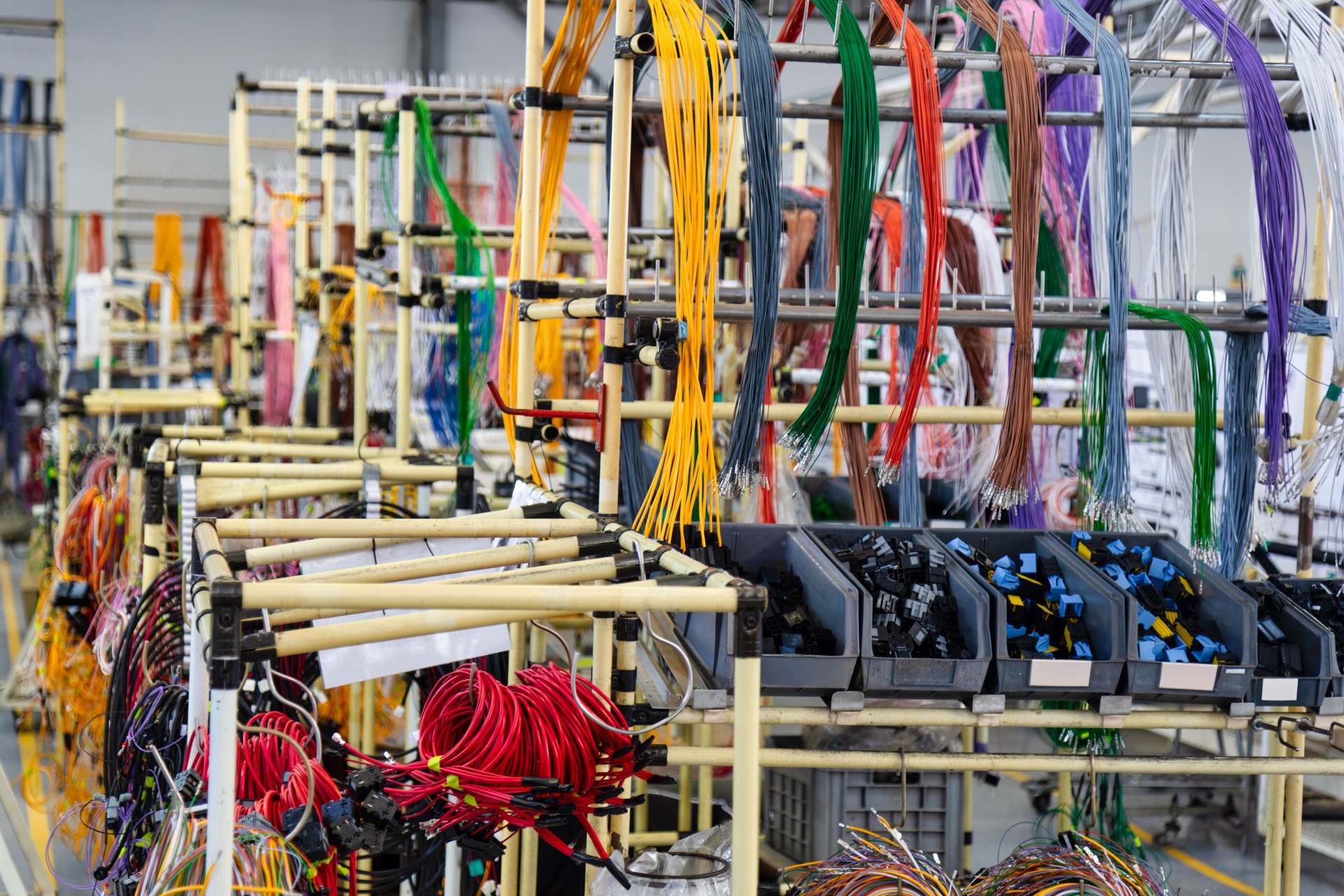 car electric harnesses factory ,coils of wire and pins used industrially in auto harnesses for cars